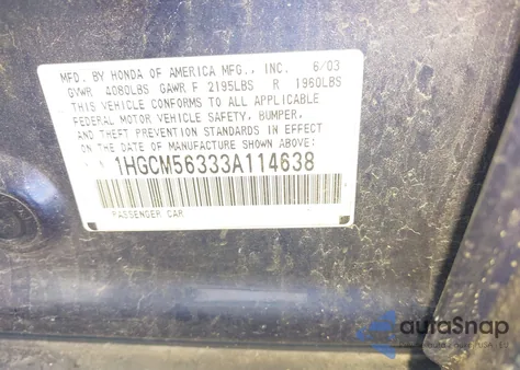 2003 Honda Accord 2.4 Lx из США, поврежденный, VIN 1HGCM56333A114638